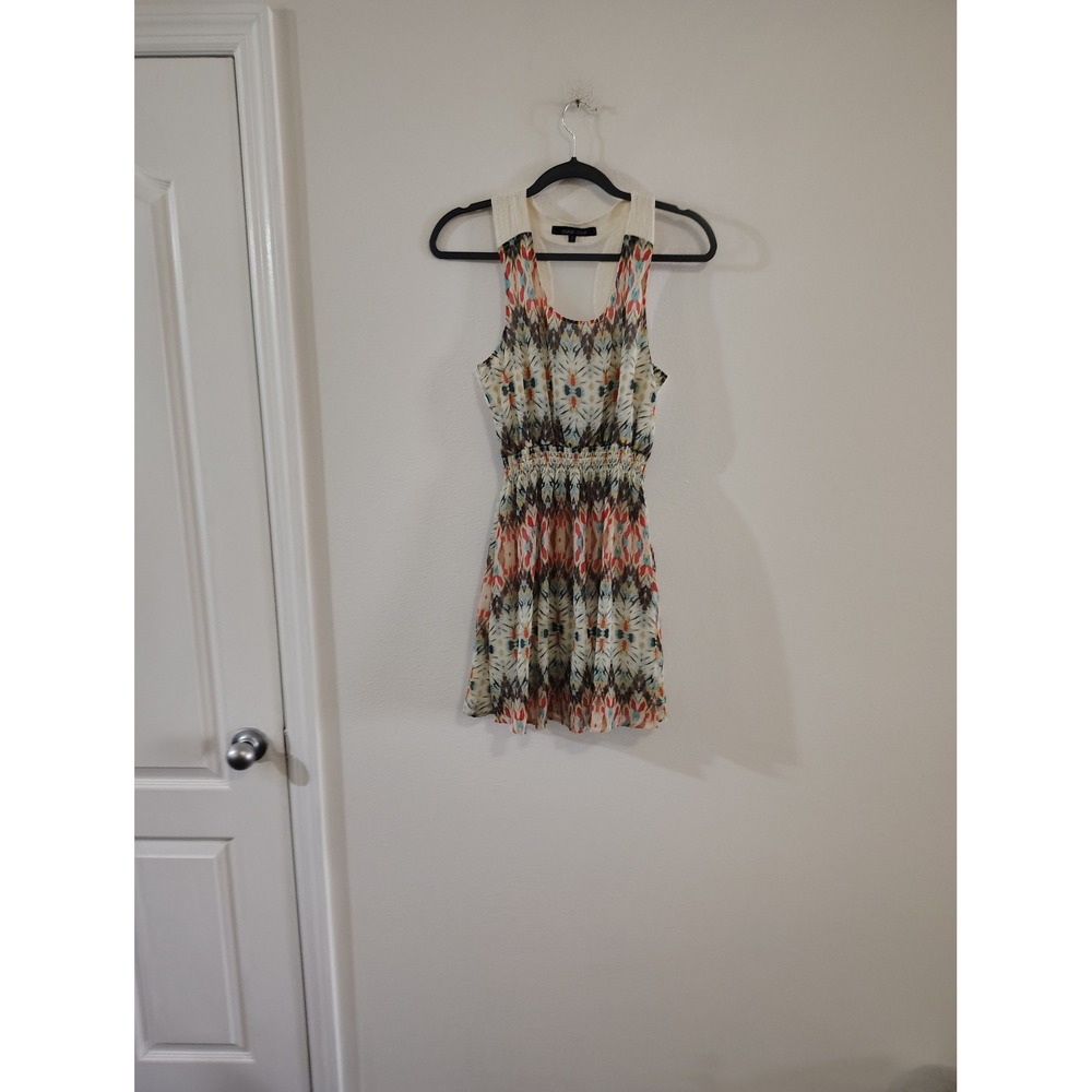 Ocean Drive Sleeveless‎ Ikat Print Mini Dress Smocked Waist Mesh Racerback Small